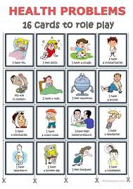 Vocabulary for common health problems, illnesses and symptoms is more easily understood and explained with the aid of images. Health Problems Cards To Role Play English Esl Worksheets Basic English For Kids English For Beginners Learn English Vocabulary
