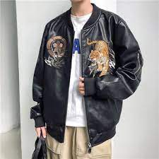 Usxl Black Mens Leather Jacket Japanese Embroidered Tiger Jackets Bomber Coat Leather Jacket Men
