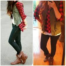 The color of the season is the camel flat. Red And Black Flannel Black Jeans Olive Military Vest White T Shirt Brown Ankle Boots Lumberjac Red And Black Flannel Boating Outfit Outfits With Leggings