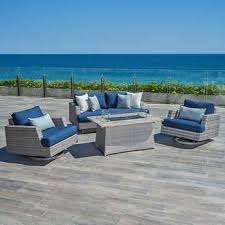 Portofino Comfort 4 Piece Fire Chat Set In Laguna Blue Outdoor Fire Table Luxury Outdoor Furniture Outdoor Furniture Sets