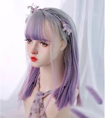 Peluca larga con reflejos de color degradado, púrpura gris rosa Blue Haze,  peluca Sweet Girl con flequillo, peluca diaria de moda cabello liso y ...