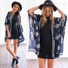 Kimono Cardigan With A Tight Fitted Black Dress Summer Fashion Outfits Casual Summer Fashion Outfits Modest Summer Fashion