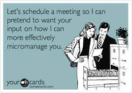 Let S Schedule A Meeting So I Can Pretend To Want Your Input On How I Can More Effectively Micromanage You Hr Humor Work Humor Work Memes