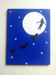 Disney Silhouette Painting Peter Pan Flies With Wendy John Michael To Neverland Hand Painte Disney Paintings Disney Silhouette Painting Disney Silhouette