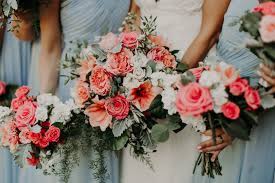 Fall flowers in bloom include asiatic lily, asters. Coral Peach Ivory With Blue Mist Bridesmaids Dresses For A Spring Or Summerwedding Flower Coral Bouquet Wedding Coral Wedding Flowers Peach Wedding Colors