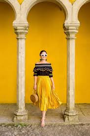 Black And Yellow Skirt Outfit Yellow Metallic Pleated Midi Skirt Metallic Skirt Outfit Metallic Pleated Skirt Yellow Skirt Outfits