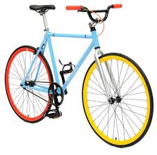 Fixed Gear Bicycle Light Blue Frame With Yellow And Red Wheels Bmx Handlebars Fixed Gear Single Speed Bike