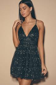 Favorite Moment Gold And Black Star Print Skater Dress Gold And Black Dress Plunge Mini Dress Star Dress