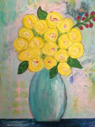 Yellow Roses Original Painting Flowers In Vase Canvas 14x18 Collage Mixed Media Blue Green Flower Art Wine And Canvas Flower Painting