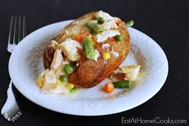 Creamy Chicken And Vegetable Topped Baked Potatoes Eat At Home Costco Rotisserie Chicken Rotisserie Chicken Recipes Easy Salad Recipes