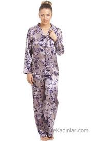 Saten Pijama Takimlari Gri Uzun Kollu Yakali Cicek Desenli Pijama Uzun Kollu Gri