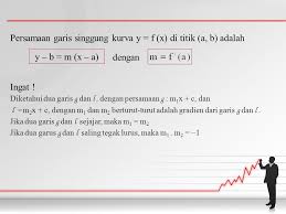 Cara mudah mencari garis singgung pada kurva atau garis yang menyinggung kurva adalah dengan mencari turunan dari kurva tersebut. Turunan Fungsi Aljabar Ppt Download