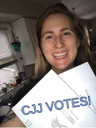 Alanna Davis, one of our CJJ-Durham/Orange County leaders, is PUMPED about  voting! If you're planning to vote by mail like her, be sure to get your  ballot in the mail ASAP or