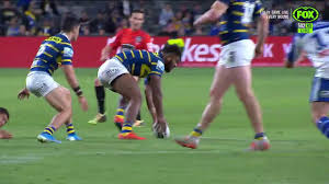 Nrl Parramatta Eels Winger Maika Sivo Puts A Huge Strike On Dallin Watene Zelezniak Formidable On Sporting Activities Allabout Nrl Sports Humor Funny Gif