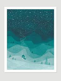 Aquarelle Peinture Impression Montagnes Emeraude Vert Sarcelle Maison Nuit Paysage Etoiles Ciel Peinture Gic Peinture Ciel Art Abstrait Moderne Art De Montagne