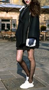 Black And White Polka Dot Dress With Black Tights How To Style Polka Dot Tights Brunette From Wall Street In 2020 Black Tights Outfit Tights Outfit Polka Dot Tights