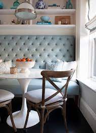 Dining room bench with back leather. Turquoise Blue Leather Tufted Dining Bench Under Built In Shelves Transitional Dining Room