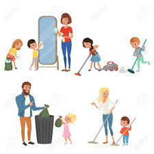 Children Helping Their Parents With Housework Sweeping Vacuuming Washing Floor Throwing Out Garbag Boy Cartoon Characters How To Clean Mirrors Helping Kids