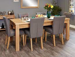 Oak furniture collections 2019 sale now on. Baumhaus Mobel Extending Oak Dining Set With 6 Flare Back Grey Upholstered Chairs Oak Diningset Grey Oak Dining Sets 4 Seater Dining Table Dining Room Table