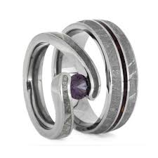 Black And Purple Wedding Ring Set Gibeon Meteorite Wedding Ring Set Alexandrite Engagement Ring And Purple Wood Wedding Band 2402 Meteorite Wedding Rings Titanium Wedding Rings Wedding Ring Sets