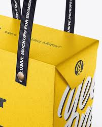 Kraft Paper Box Bag With Textile Handles Mockup Half Side View In Bag Sack Mockups On Yellow Images Object Mockups