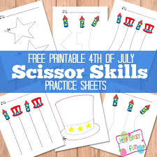 Free cut and paste worksheet set; 4th Of July Scissor Cutting Practice Sheets Itsybitsyfun Com
