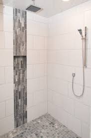 Get ideas for vanity cabinets, tile & decor. White Tiled Shower Warm Grey Tiled Accent Shower Tile Bathroom Remodel Shower Large Tile Bathroom