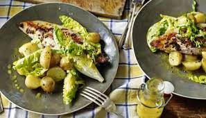 Grilled Mackerel With New Potatoes And Salad Recipe Recipe Potato Dishes Recipes Grilled Mackerel Spring Salad