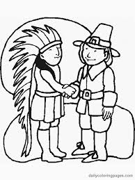 Color this picture of a pilgrim and indian standing together. Pilgrim Indians Coloring Pages Thanksgiving Coloring Pages Free Thanksgiving Coloring Pages Monster Coloring Pages