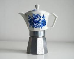 Vintage Moka Pot 60s Italian Alpu Porcelain Stovetop Espresso Maker Decorated With Blue Roses Large Size Moka Pot Coffee Games Moka