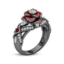 Black Ring With Red Rose Flower Design Black Rings Black Rose Ring Rose Engagement Ring