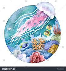 Coral Sea Water World Ex Coral Sea Resort 5 Watercolor Coral Reef Fish Jellyfish Underwater Illustration In Circle On White Backgroundfish Jellyfi Coral Watercolor Coral Reef Art Watercolor Coral Reef