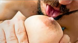 Skinny boy sucking his hot friends natural tits on the bed in her room