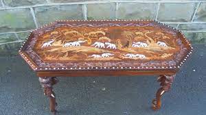 An indian coffee table made of an antique window grate inset into a wooden structure accented with colorful, unique designs. Antique Anglo Indian Coffee Table C 1910 Dd La140322 Loveantiques Com
