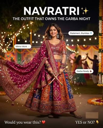 🔥 NAVRATRI LOOK THAT'S READY FOR GARBA NIGHT! 💃✨ Mirror work, statement  jhumkas, colourful bangles & a flowy lehenga — this look is all about  festive vibes! ❤️🪩 Would you wear this