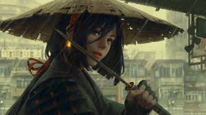 Black Haired Girl Holding Katana Wearing Tan Hat Anime Character Wallpaper Rain Artwork Women Earring Original C Anime Black Hair Fantasy Girl Hd Wallpaper