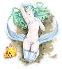 mak neutral, mermaid (megami tensei), shin megami tensei, shin megami  tensei v, highres, 1girl, armpits, flat chest, floating skull, gloves,  green eyes, green hair, long hair, looking at viewer, mermaid, monster girl,