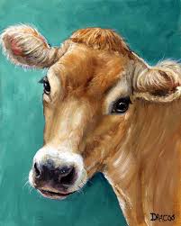 Jersey Cow Tan On Teal By Dottie Dracos Cow Art Print Cow Canvas Farm Art