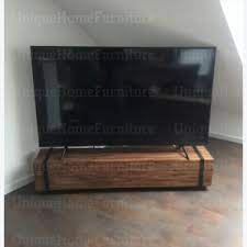 Rustic Tv Stand Solid Teak Wood Lowboard Industrial Vintage Unit 4 Wheels Cabinet Unique Home Furniture