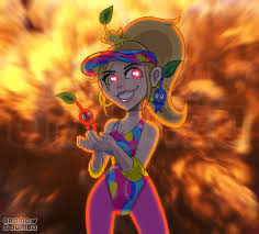 bromojumbo, barbie (character), barbie (franchise), barbie (live action),  oppenheimer (movie), pikmin (series), pikmin 4, highres, 1girl,  barbenheimer (meme), blonde hair, breasts, cleavage, crossover, earrings,  glowing, glowing eyes, grin, hoop ...