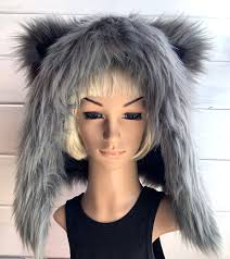 Dark Gray Cat Hood Faux Fur Animal Kitty Hat