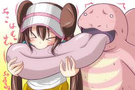 nishi koutarou, lickitung, rosa (pokemon), nintendo, pokemon, pokemon bw2,  visor, > <, 10s, 1girl, :>, biting, biting tongue, blush, brown  hair, closed eyes, double bun, gen 1 pokemon, gradient background, hair bun,