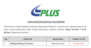 Explore our job opportunities and find out how working here can help you achieve your personal and professional goals. Jawatan Kosong Terkini 2019 Di Plus Berhad Tetap Kontrak