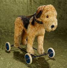14 vintage mohair airedale terrier pull dog on wheels in nice condition original button in ear art antiques col toy collection airedale terrier terrier