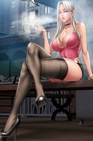 dr stein (pixiv), mia (smoking hypnosis), smoking hypnosis, highres, bench,  breasts, cigarette, cleavage, high heels, leggings, pink tank top, sitting,  smoke, tank top - Image View - | Gelbooru - Free Anime and Hentai Gallery