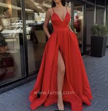Simple Yet Sexy Red Satin High Slit Long Prom Dress - Lunss