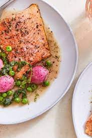 Roasted Salmon With Peas And Radishes Recipe Recipe Radish Recipes Salmon Recipes Roasted Salmon Recipes