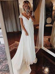 Long White Cap Sleeves V Neck Full Length Evening Drss Chiffon Applique Lace Wedding Dress On Wedding Dress Cap Sleeves Wedding Dress Chiffon Beach Bridal Gown