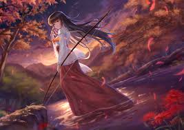 Inuyasha black hair, hd png download is free transparent png image. Autumn Black Hair Bow Weapon Clouds Forest Inuyasha Japanese Clothes Kikyo Long Hair Miko Sky Sunset Tree Water Weapon Yelan Xing Xuan Konachan Com Konachan Com Anime Wallpapers