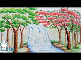 How To Draw Scenery Of Autumn Season Step By Step Very Easy Youtube Waterfall Drawing Drawing Scenery Landscape Drawings